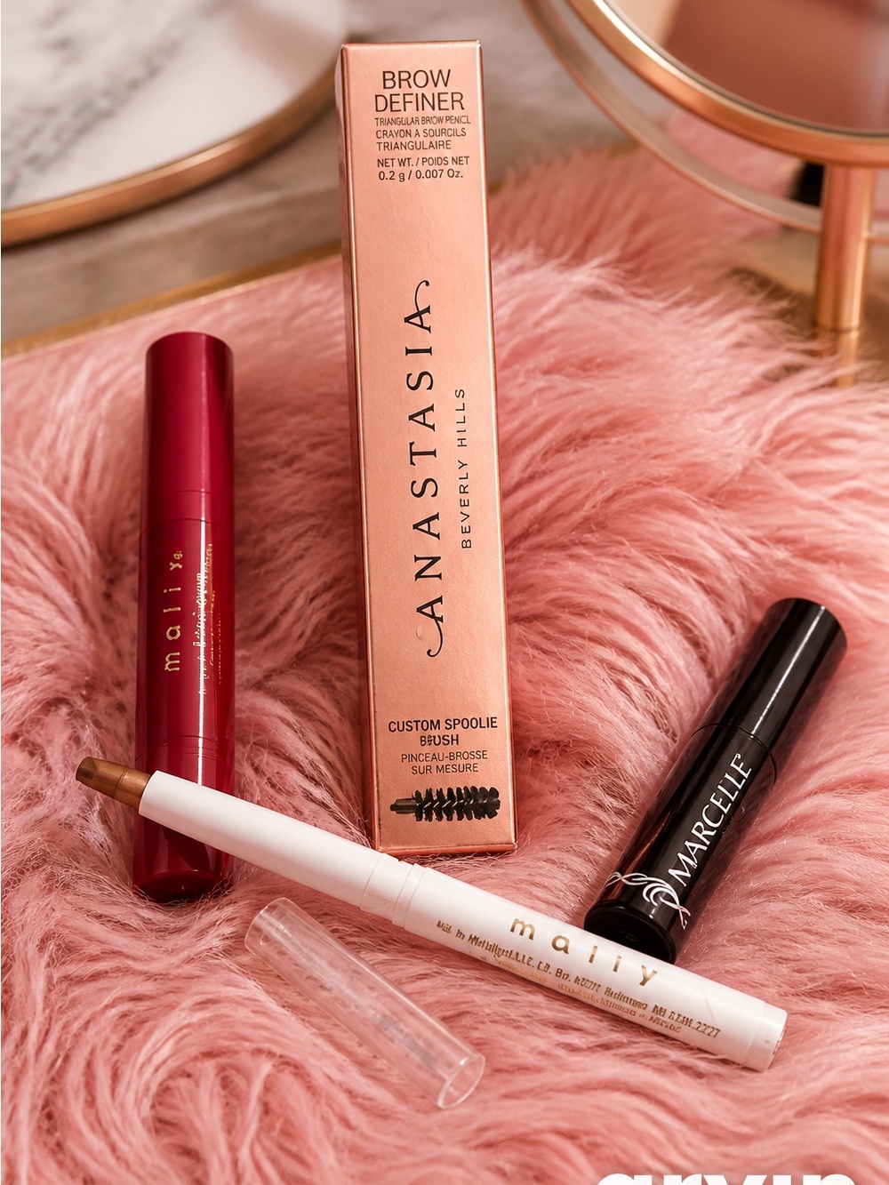 Anastasia Brow Definer, Mally lip and , mascara, and Mally eyeshadow